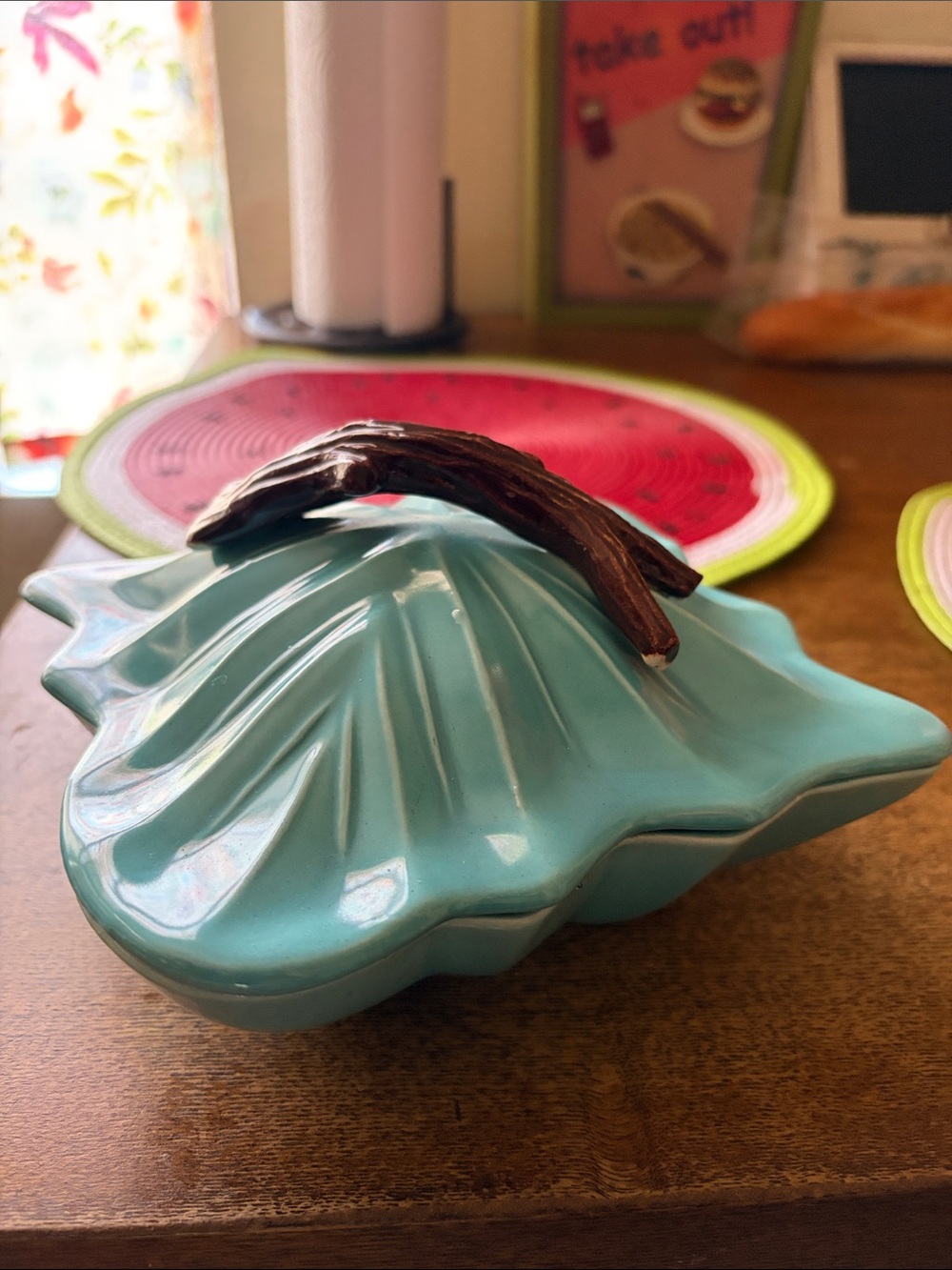 Vintage Turquoise Ceramic Shell Trinket Box with Brown Handle